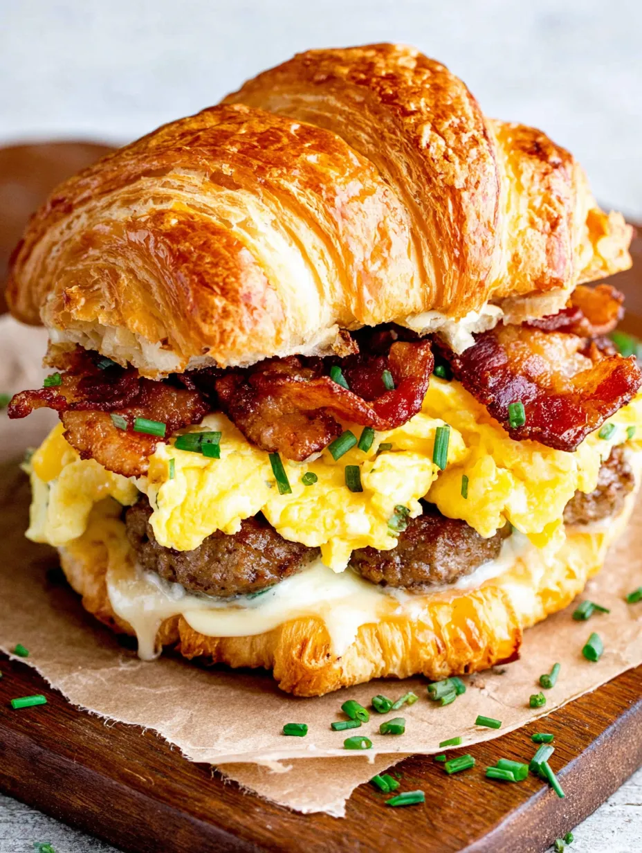 A breakfast croissant sandwich with bacon and egg.