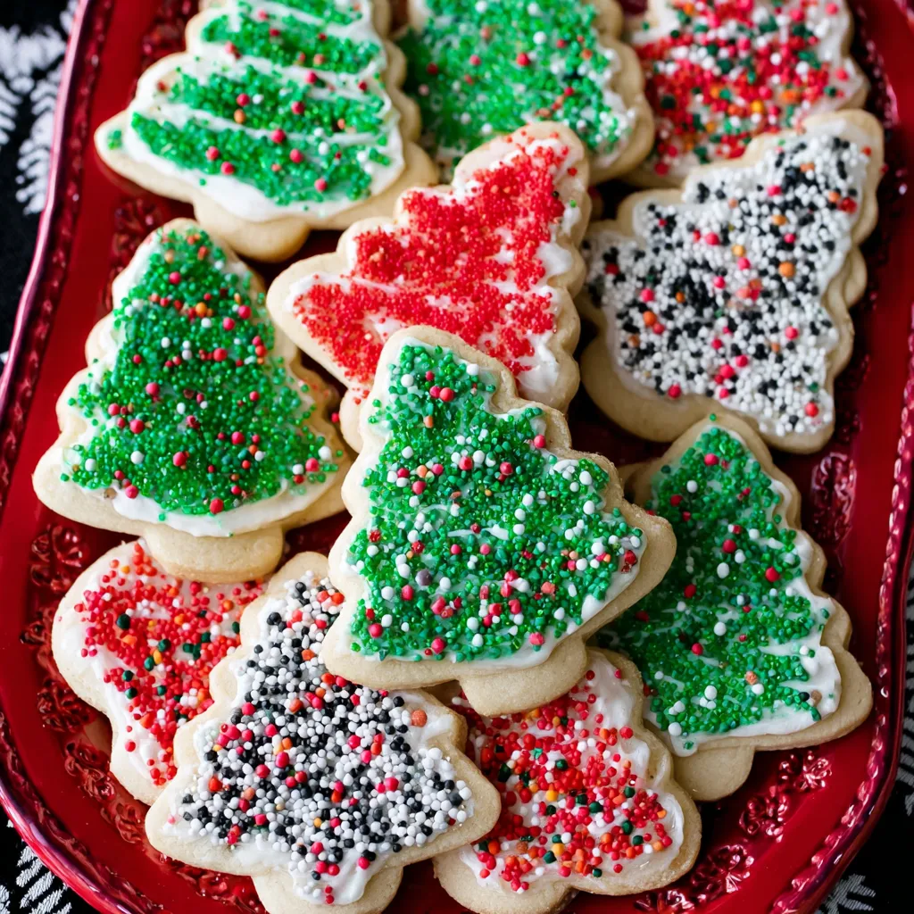 A plate of Christmas cookies with green and red frosting.