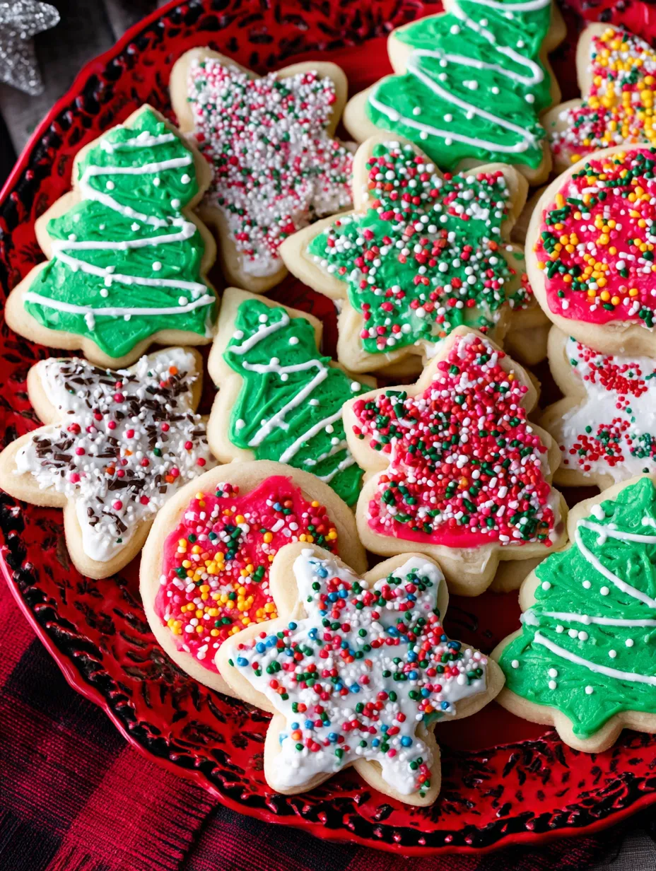 A plate of sugar cookies with green and red frosting.