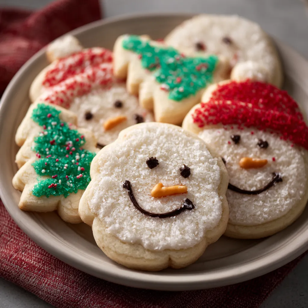 A plate of sugar cookies with frosting.