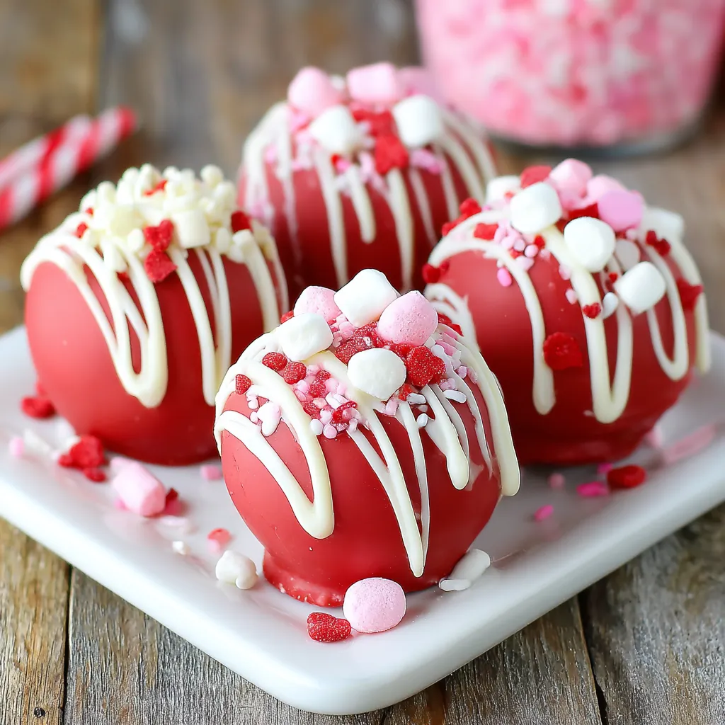 Three red cocoa bombs with white icing and pink sprinkles.