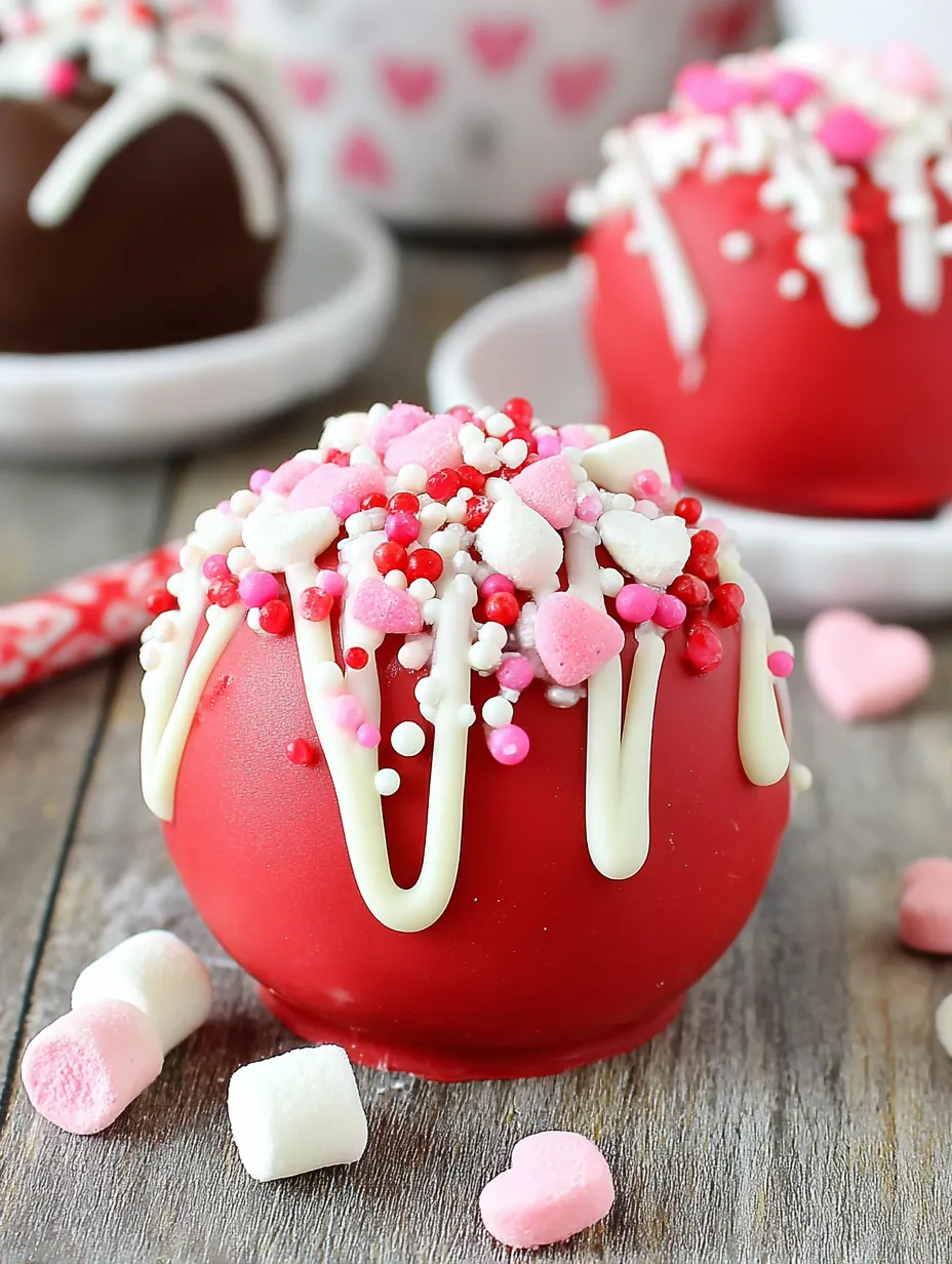 A red cocoa bomb with white icing and pink hearts.