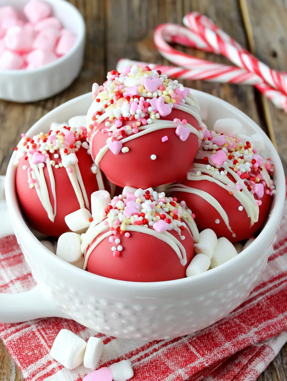 A bowl of cocoa bombs with hearts on them.
