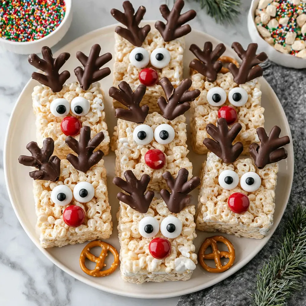A plate of rice krispie treats shaped like reindeer.
