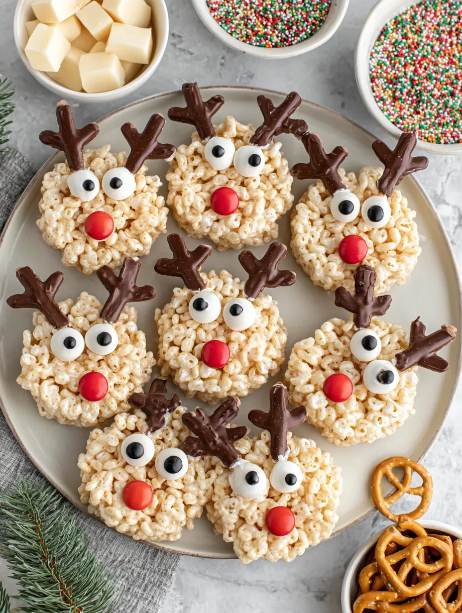 A plate of rice krispie treats shaped like reindeer.