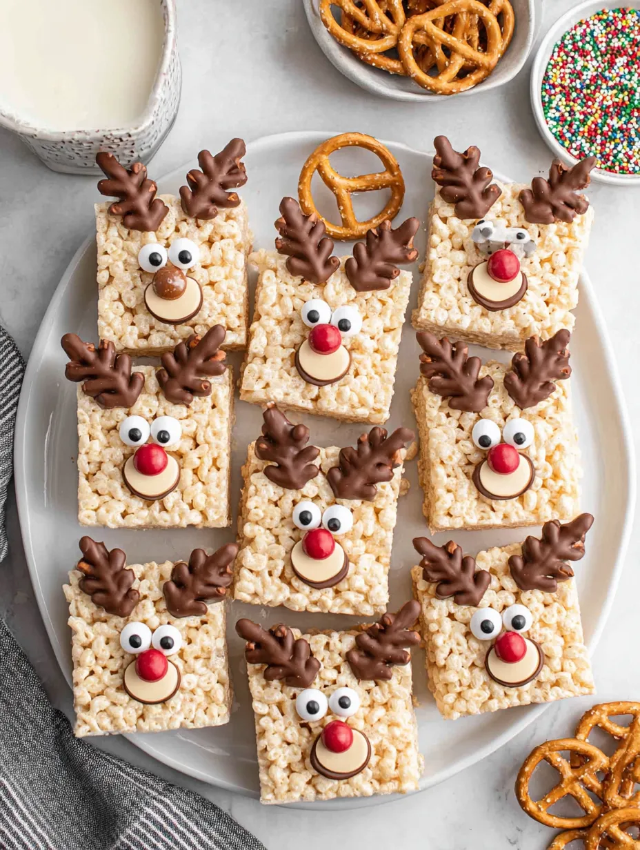 A plate of rice krispie treats shaped like reindeer.