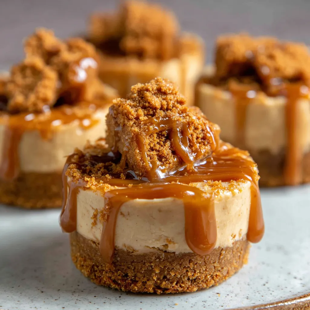 Mini Biscoff Cheesecakes (no bake) with caramel sauce drizzle.