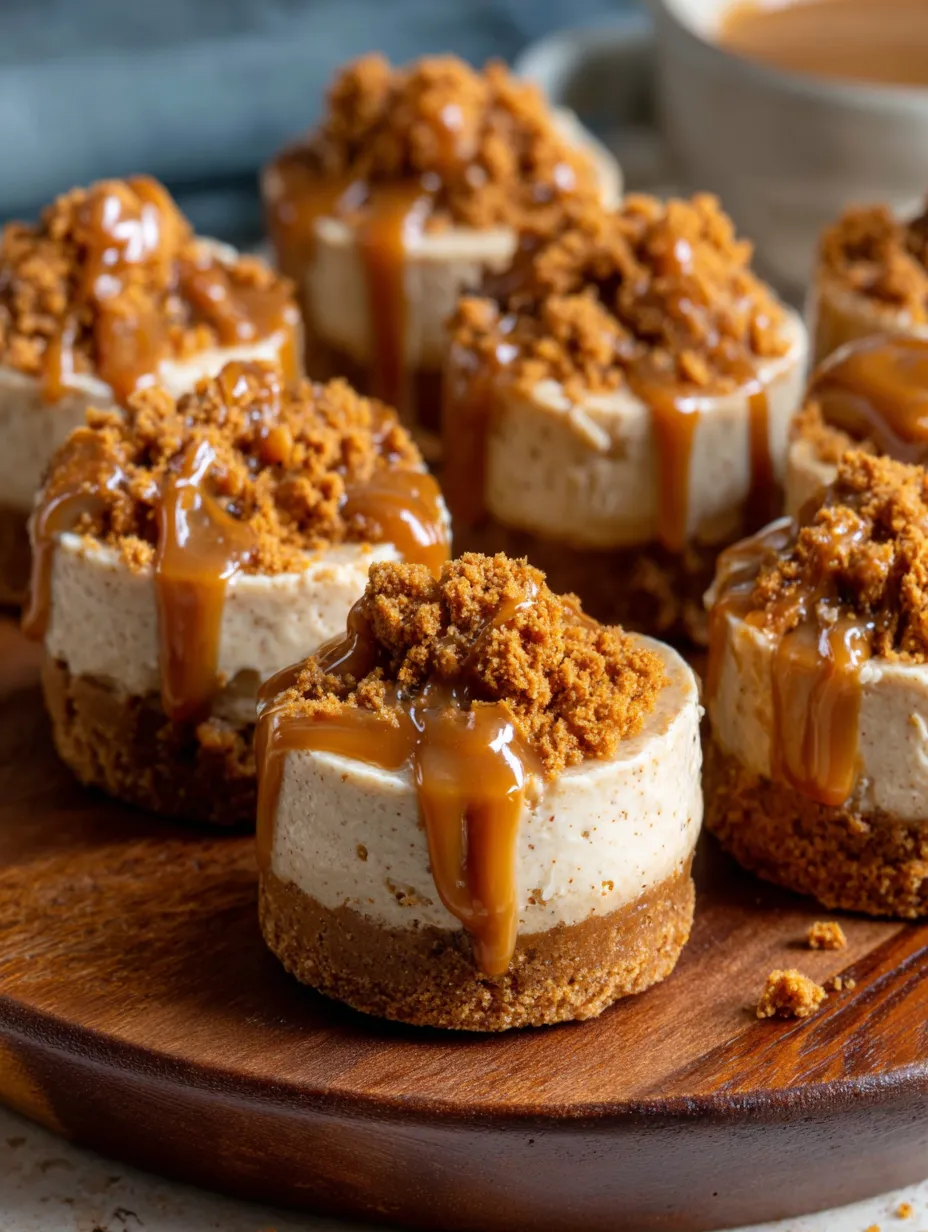 Mini Biscoff Cheesecakes (no bake) on a wooden table.