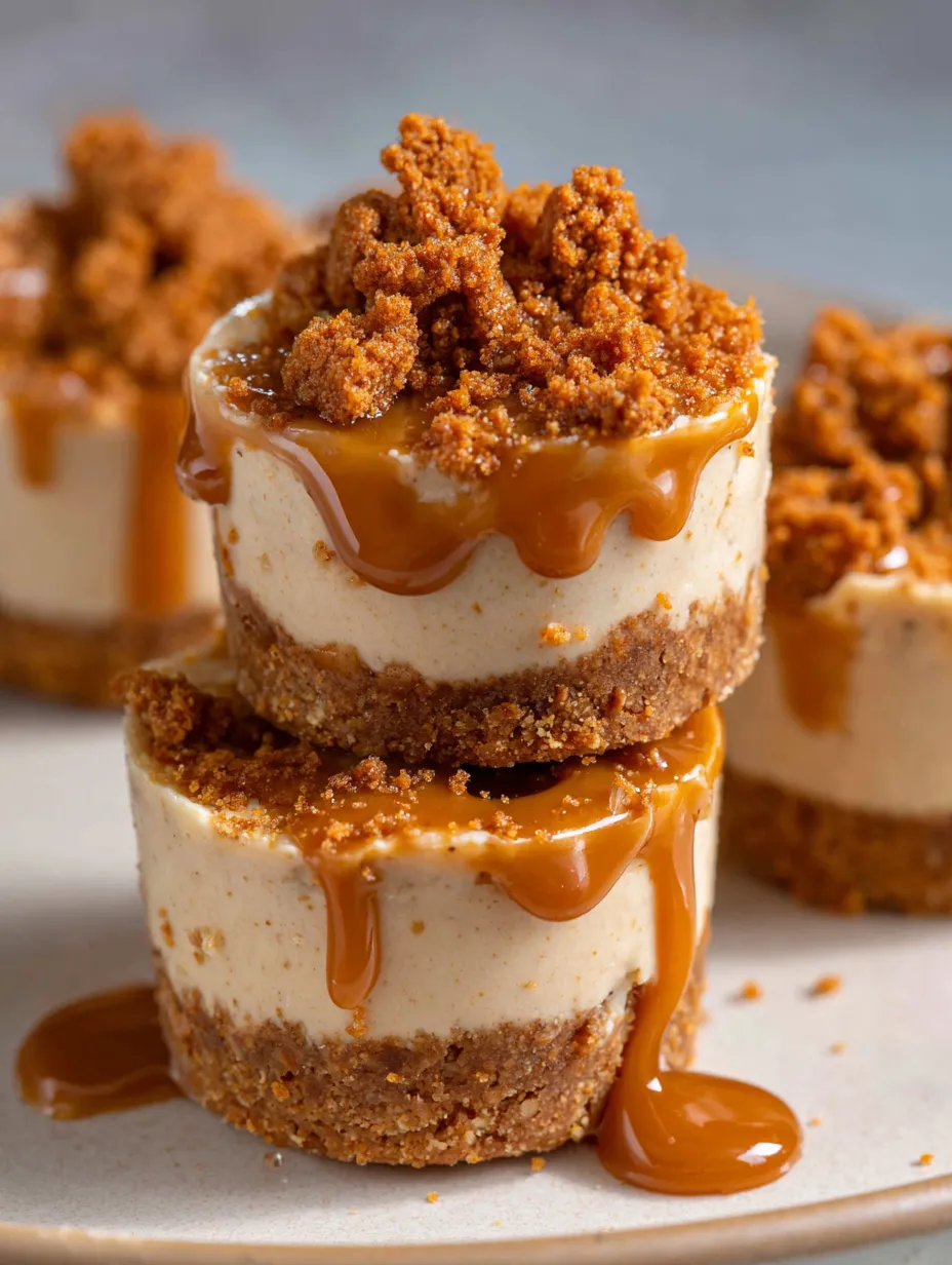Three mini cheesecakes with caramel sauce drizzled on top.