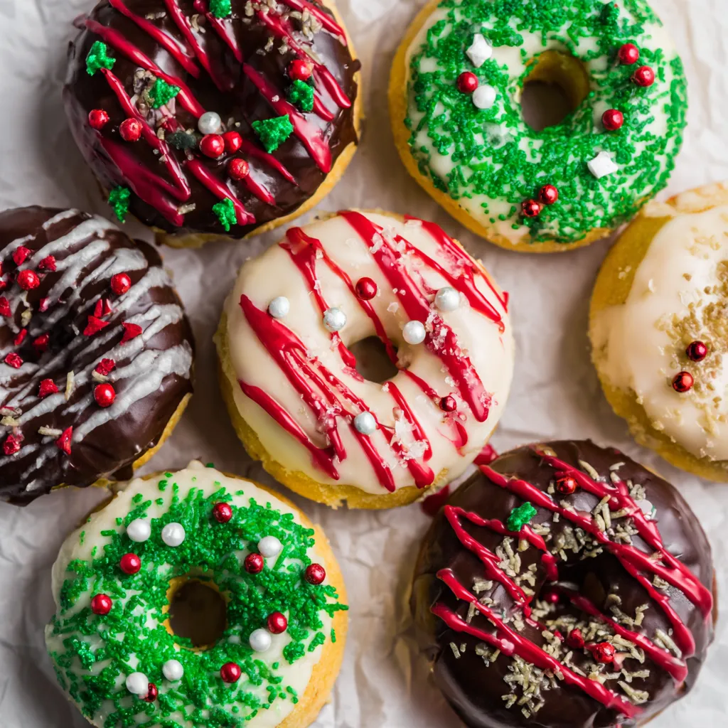 A group of Christmas donuts with red and green decorations.