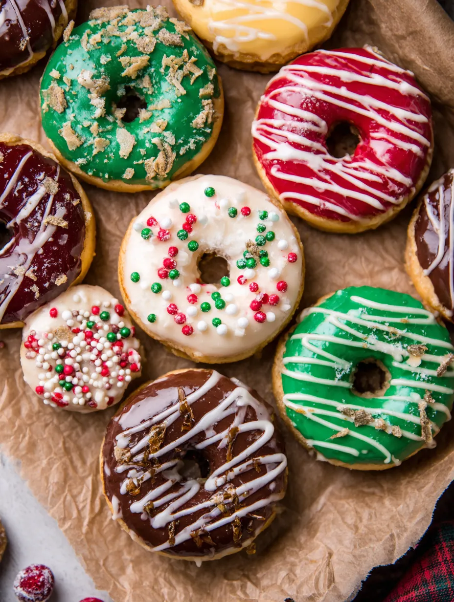 A plate of Christmas donuts with various colors and toppings.