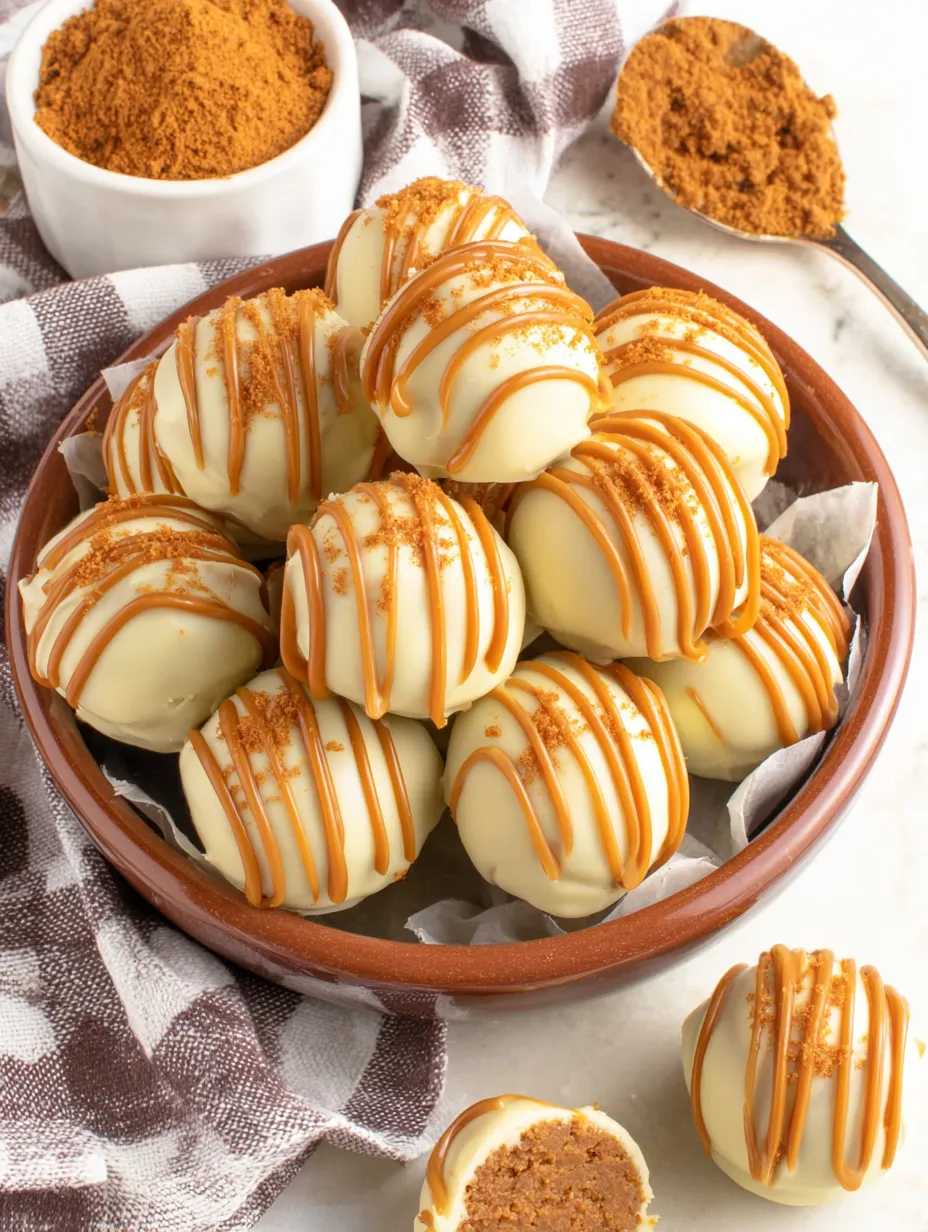 A bowl of Biscoff truffles with caramel drizzle.