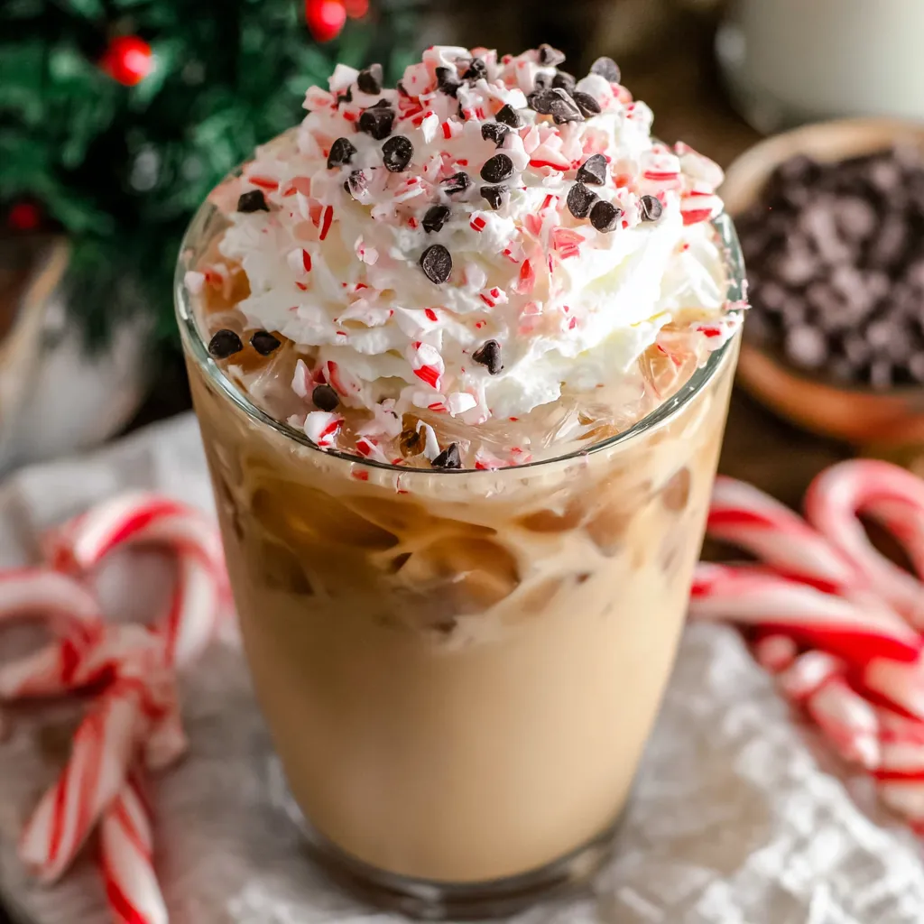 A glass of iced peppermint white chocolate mocha.