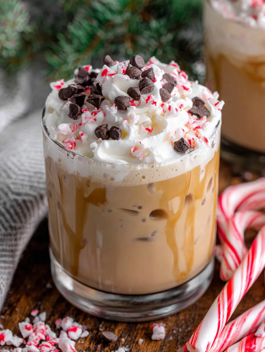 A glass of iced peppermint white chocolate mocha.