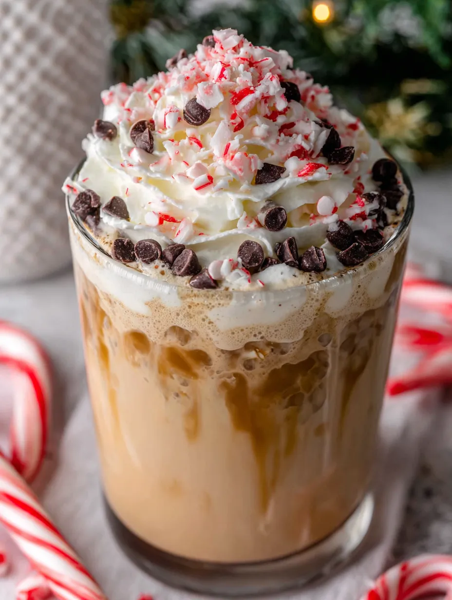 A glass of iced peppermint white chocolate mocha.