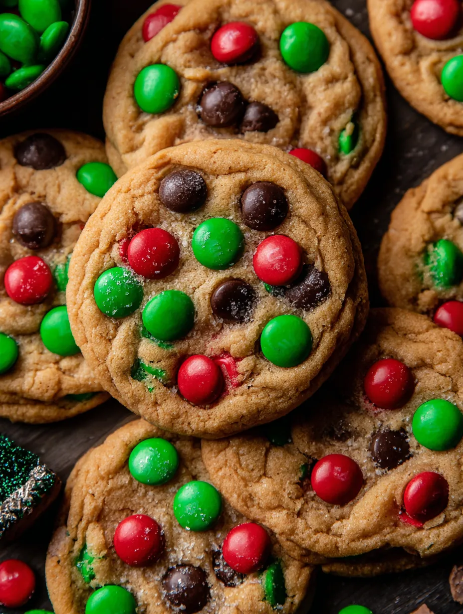 M&M cookies with green and red candy.