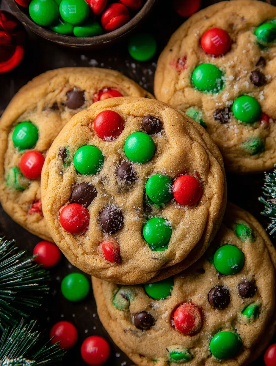 M&M cookies with green and red sprinkles.