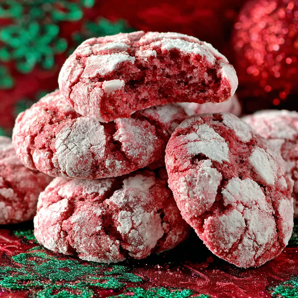 A stack of red velvet crinkle cookies.