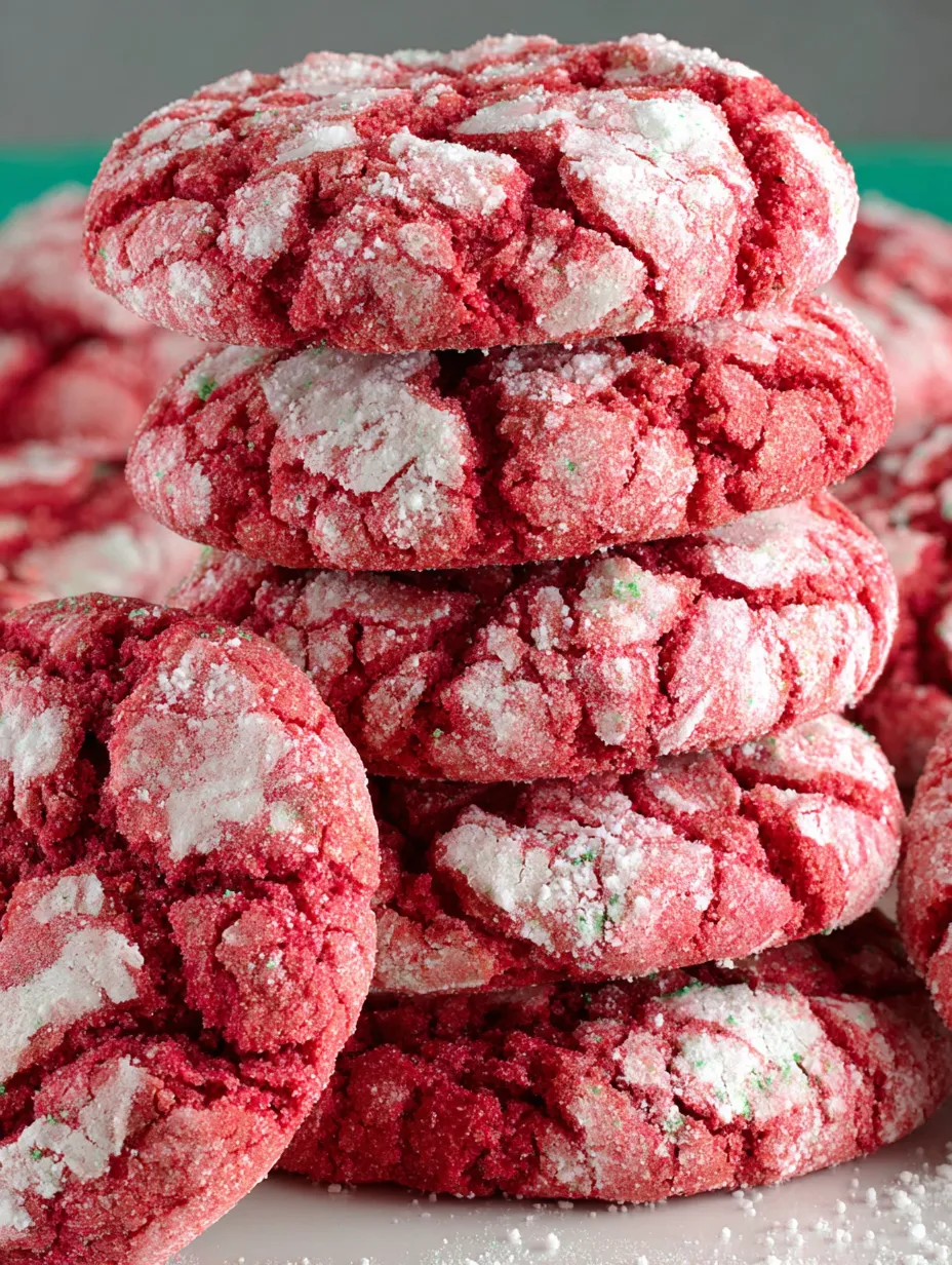 A stack of red velvet crinkle cookies.