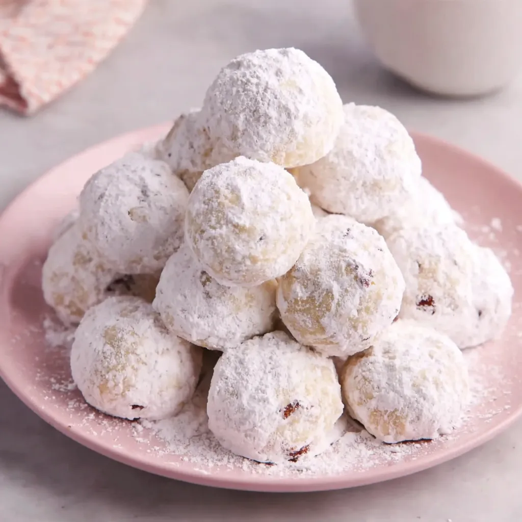 A stack of white powdered sugar covered cookies.