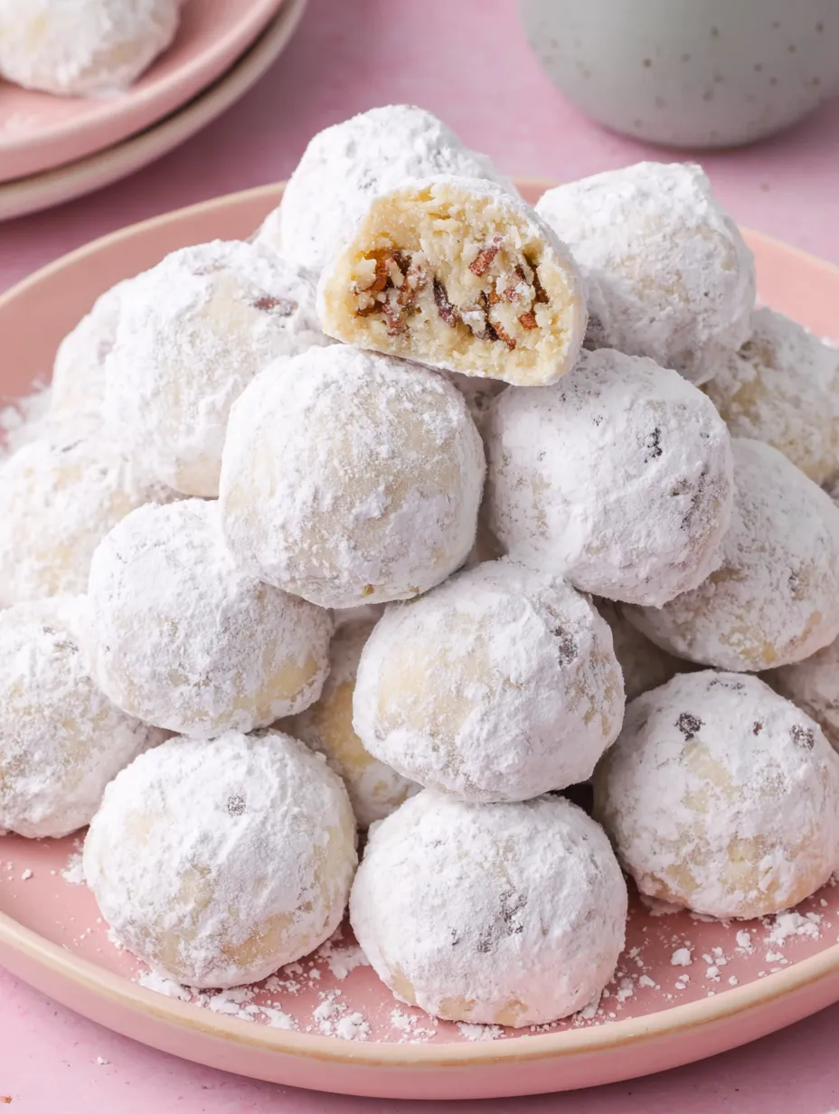 A plate of snowball cookies with a bite taken out of one.