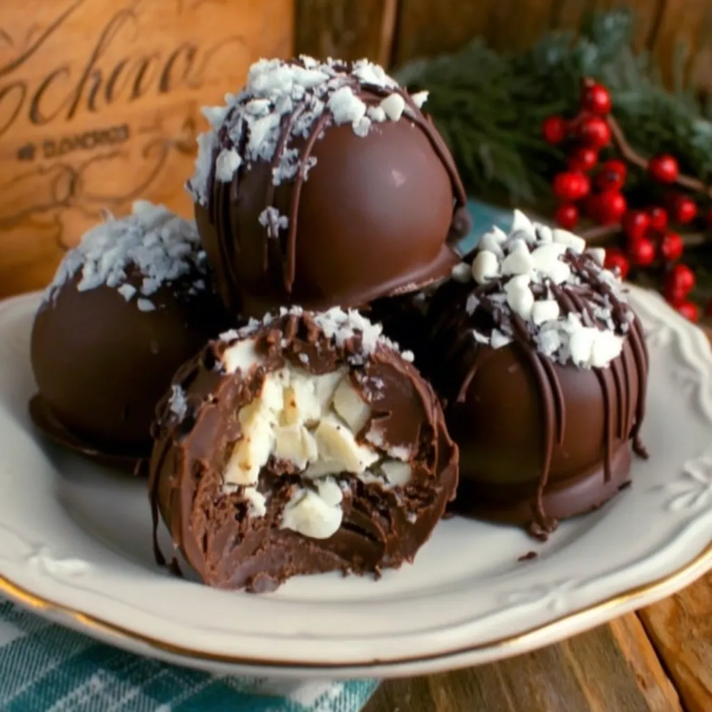 A plate of chocolate balls with powdered sugar on top.