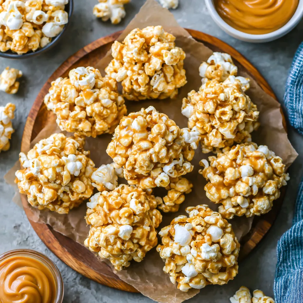 A wooden tray with popcorn balls and a bowl of butter.