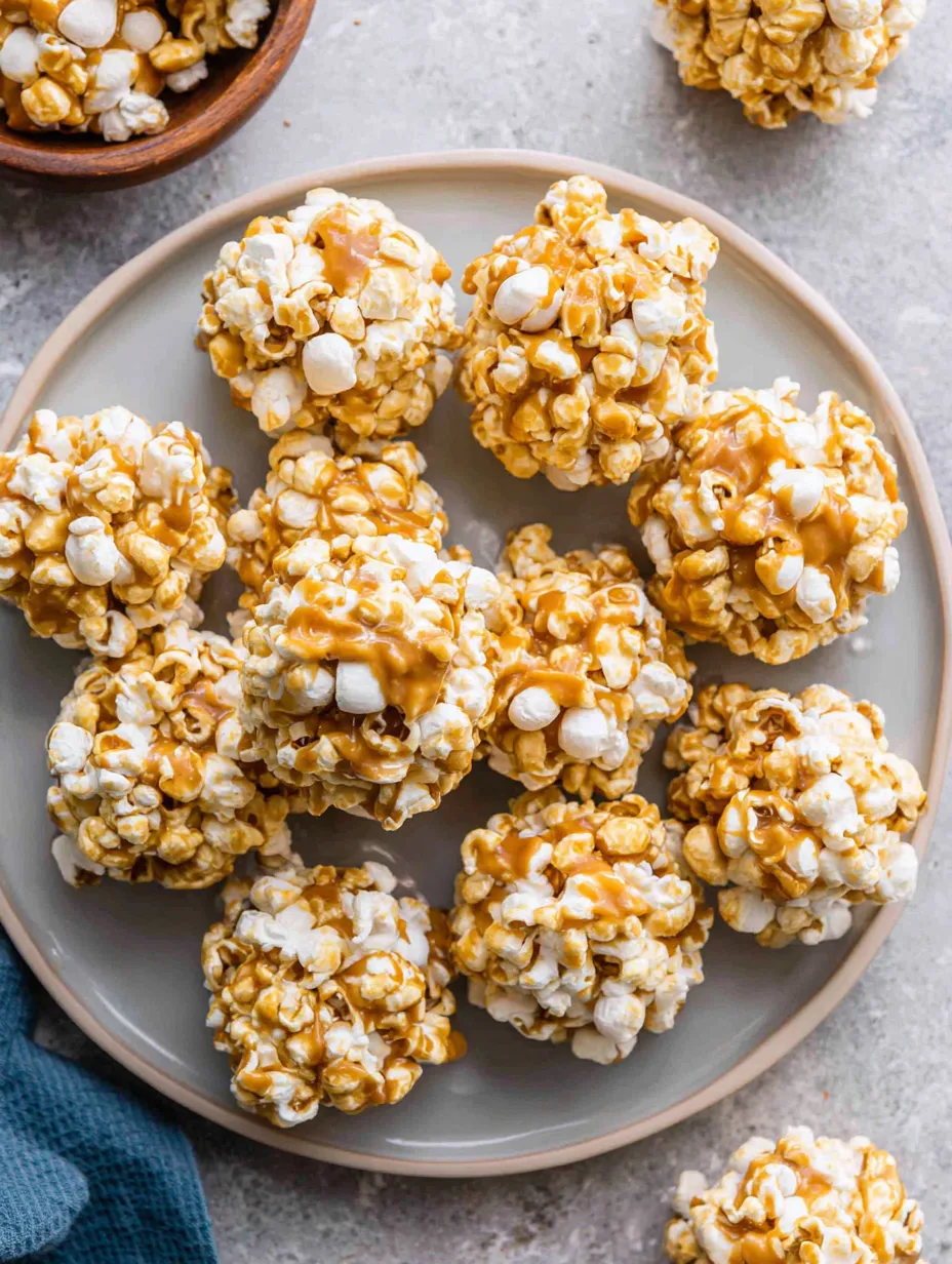 A plate of popcorn balls with caramel drizzle.