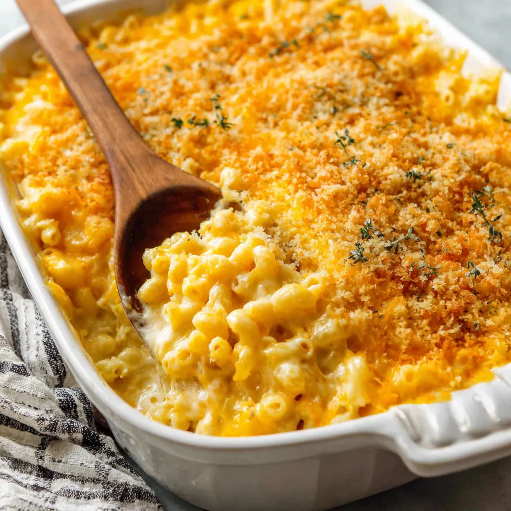 A baked mac and cheese dish with a wooden spoon in it.