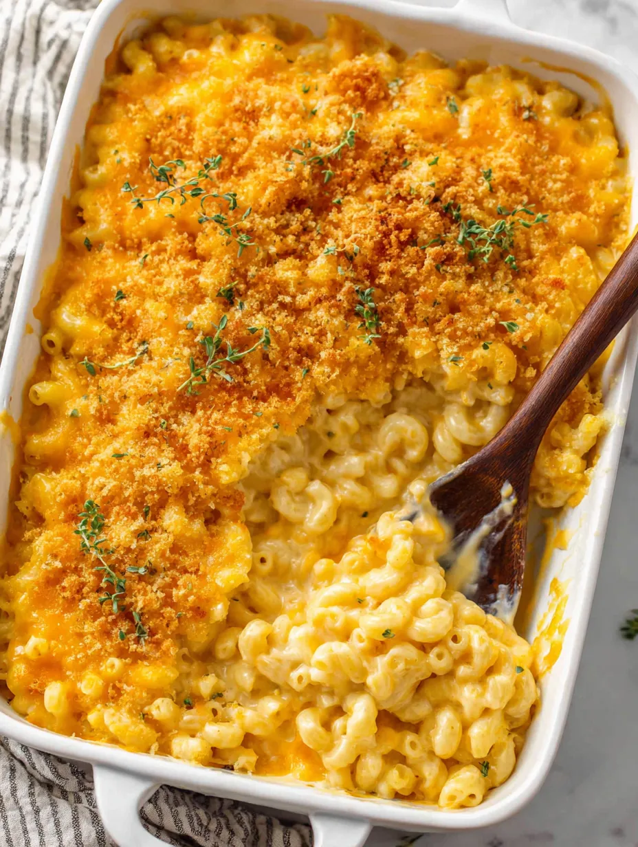 A baked mac and cheese dish with a wooden spoon in it.