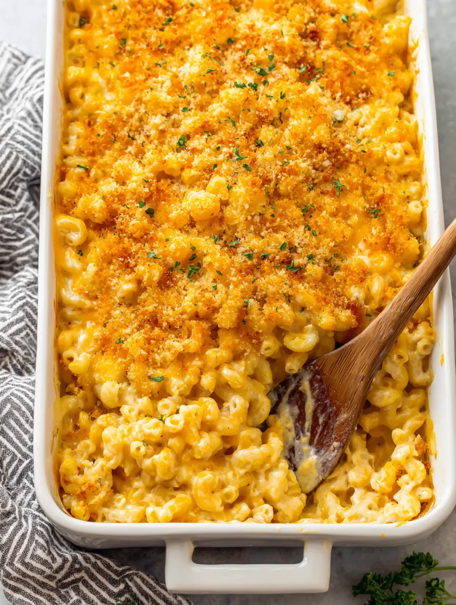 A baked mac and cheese dish with a wooden spoon in it.