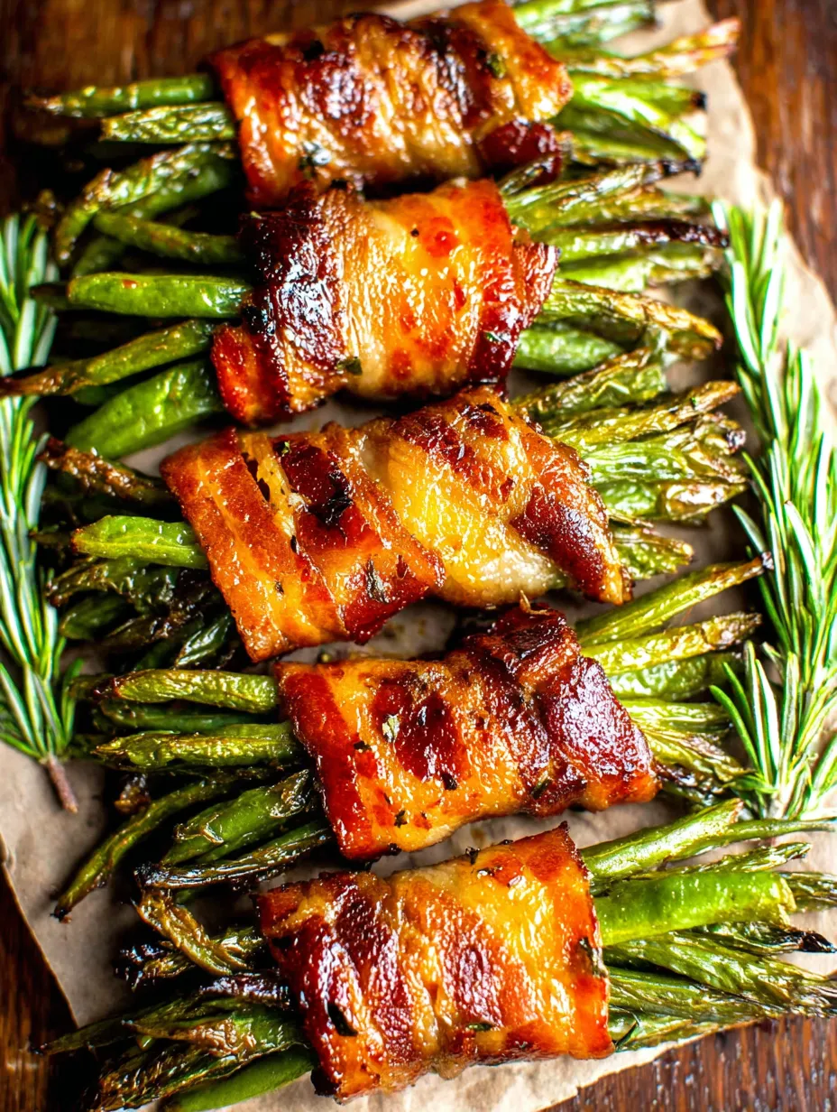 Bacon wrapped green bean bundles on a wooden cutting board.