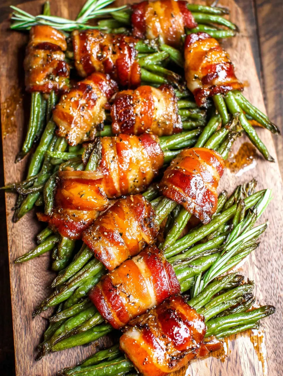 Bacon wrapped green bean bundles on a wooden board.