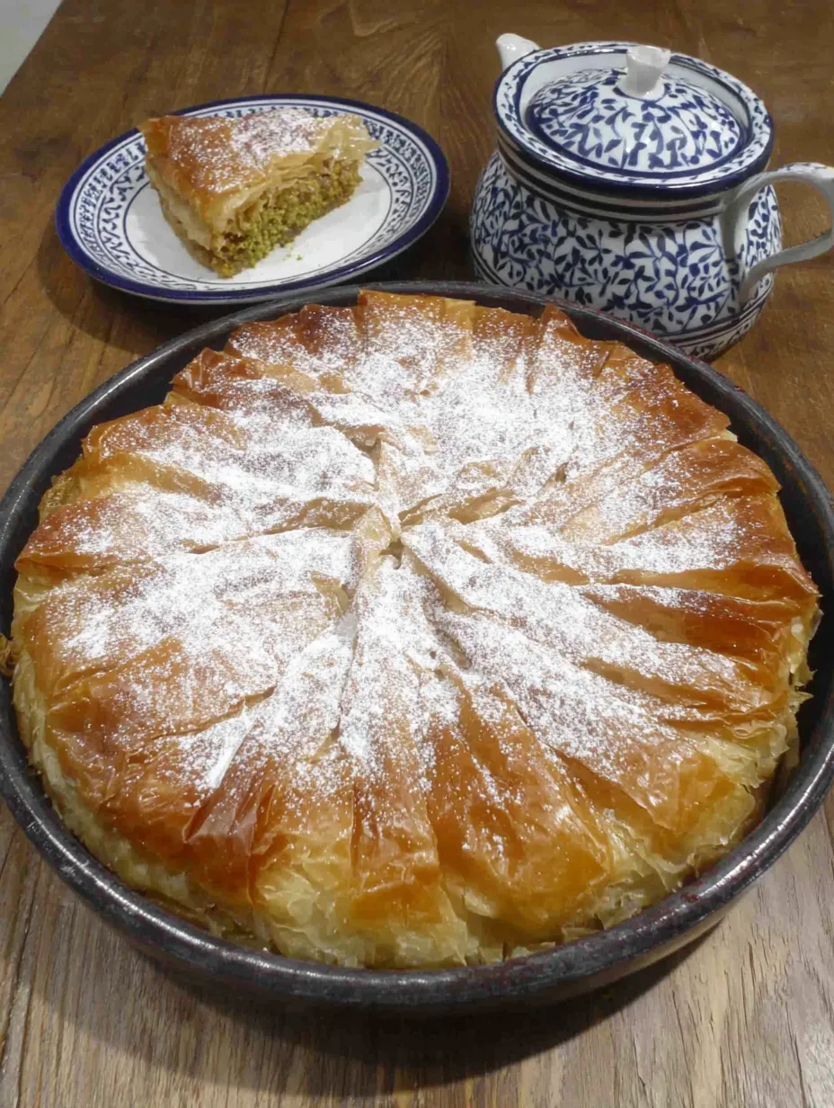 A Moroccan Chicken Pastilla is displayed on a table.