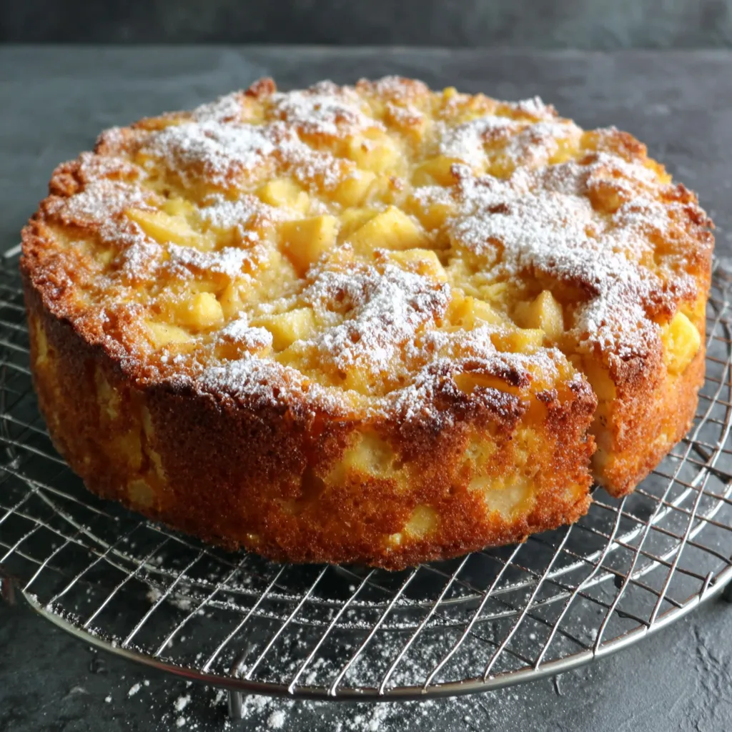 A French Apple Cake with powdered sugar on top.