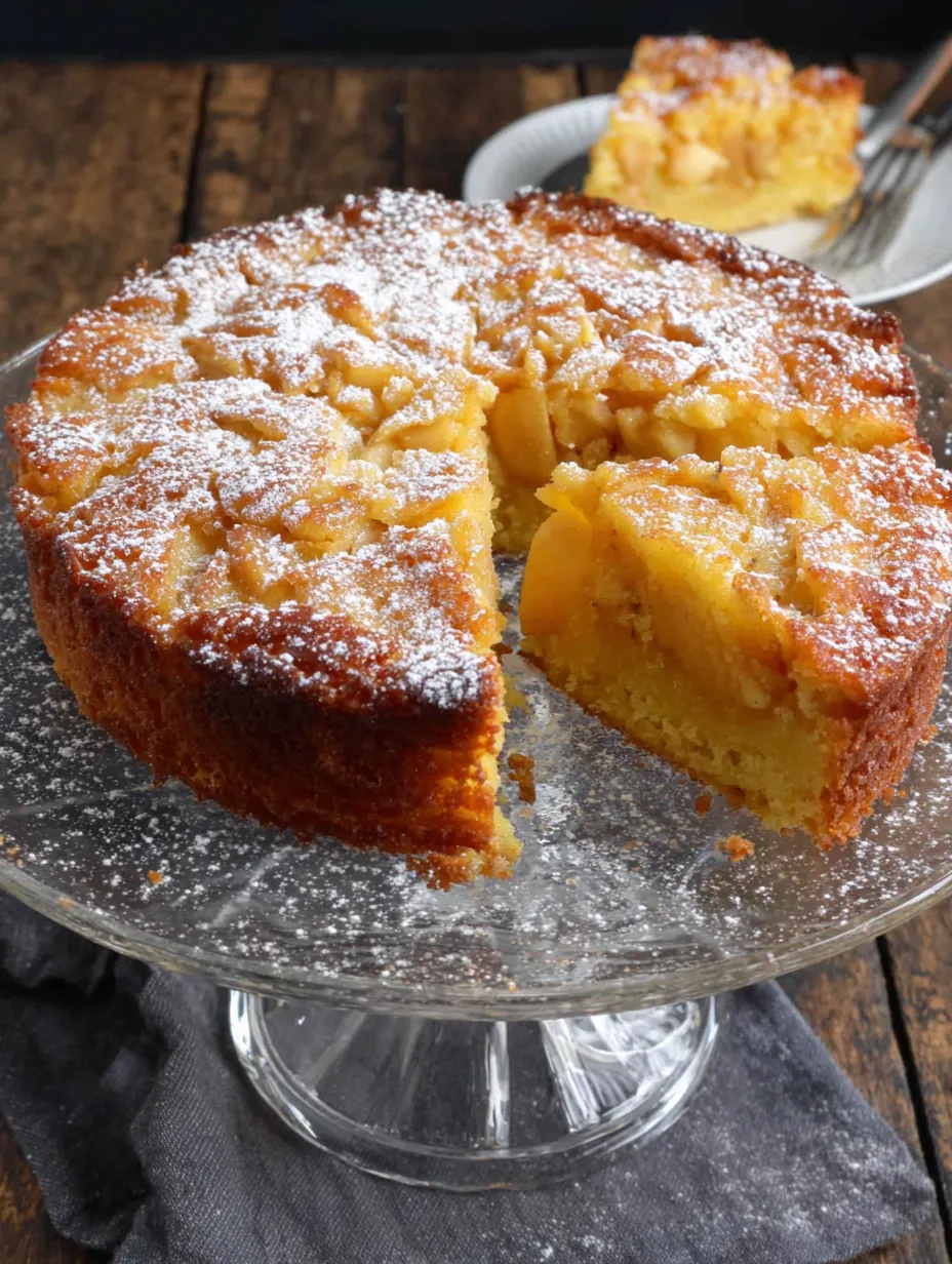 A slice of French apple cake on a plate.