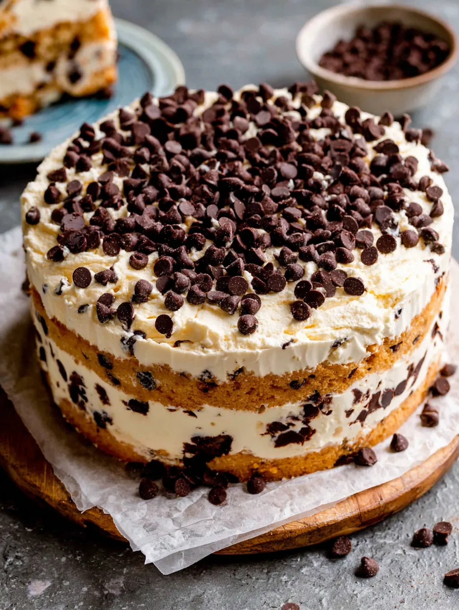 A close up of a chocolate chip ice cream cake.