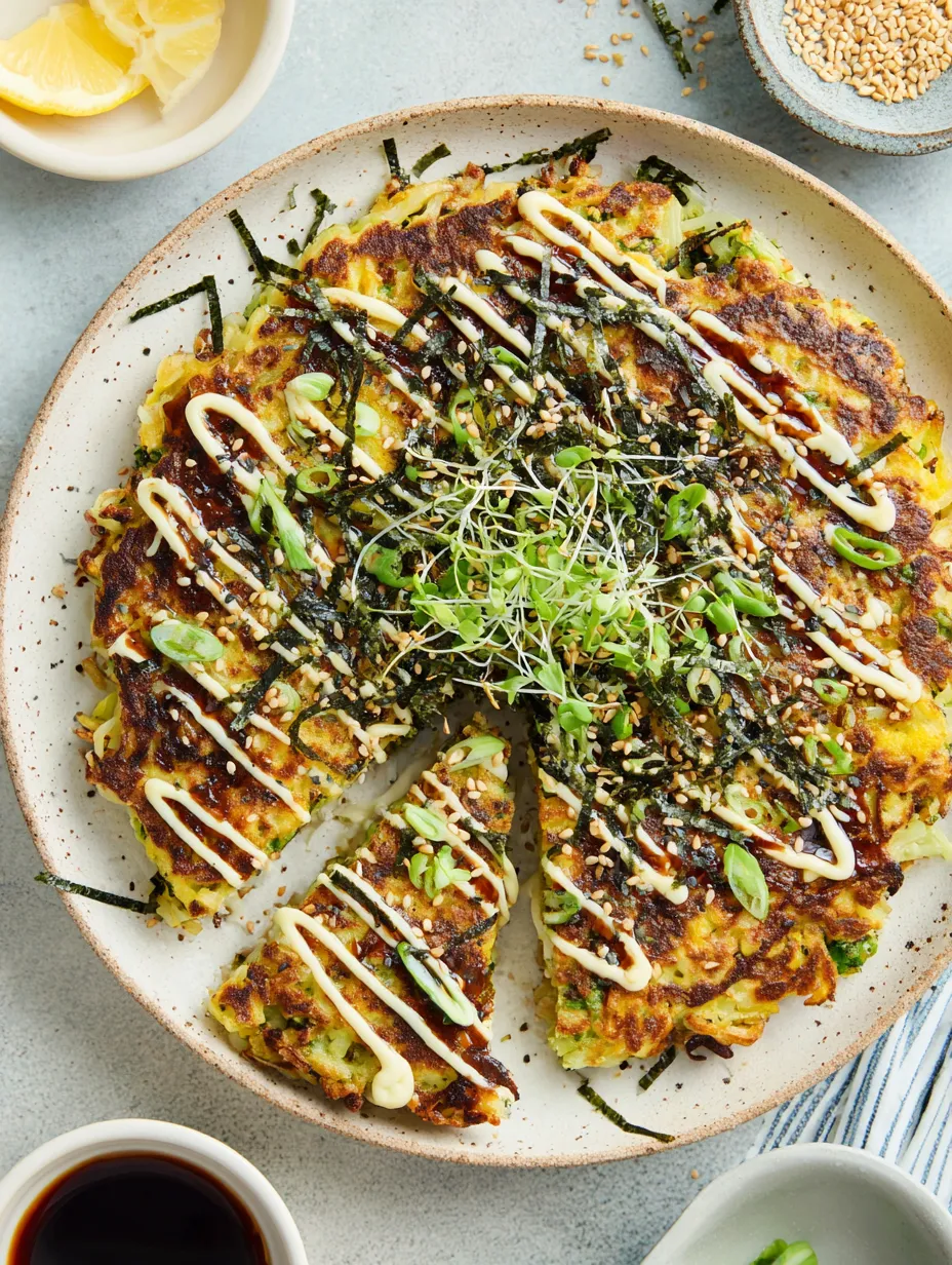 A plate of Okonomiyaki with sauce and seaweed.