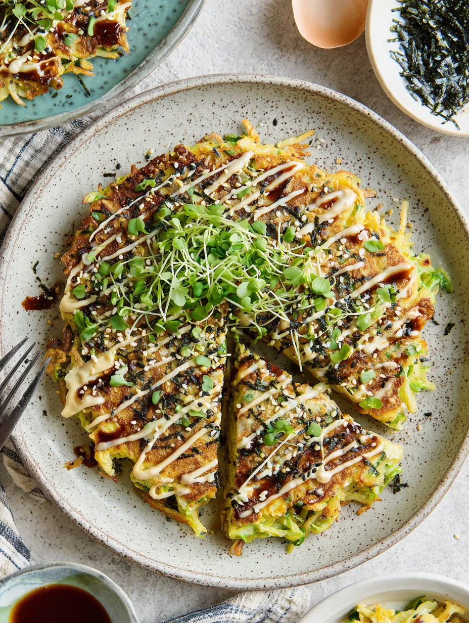 A slice of okonomiyaki with sauce and vegetables.