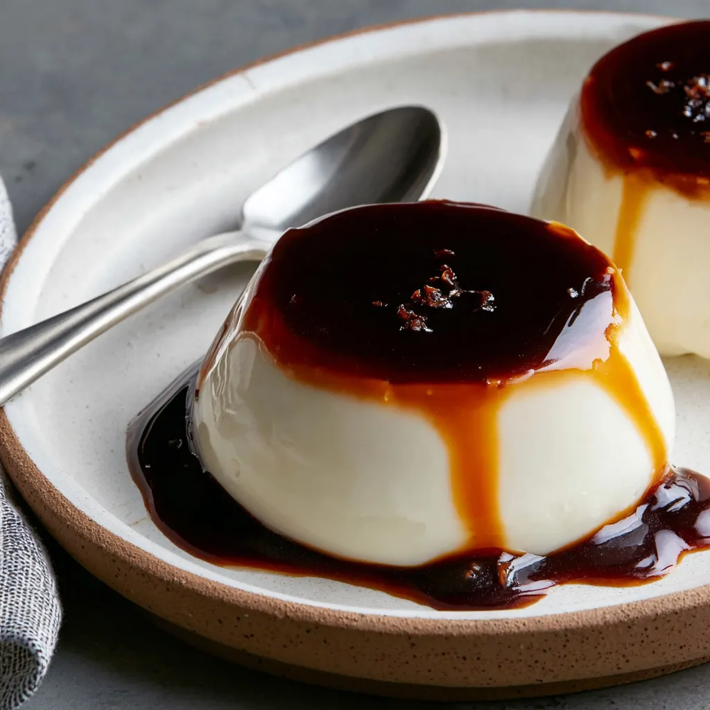Two panna cotta desserts on a plate.