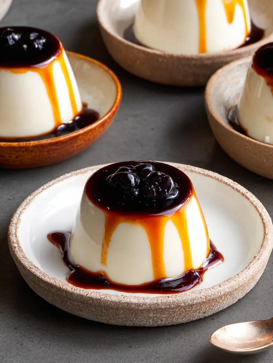 A panna cotta dessert with a sauce drizzled over it.