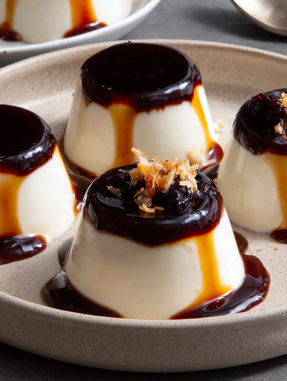 Three panna cotta desserts on a plate.