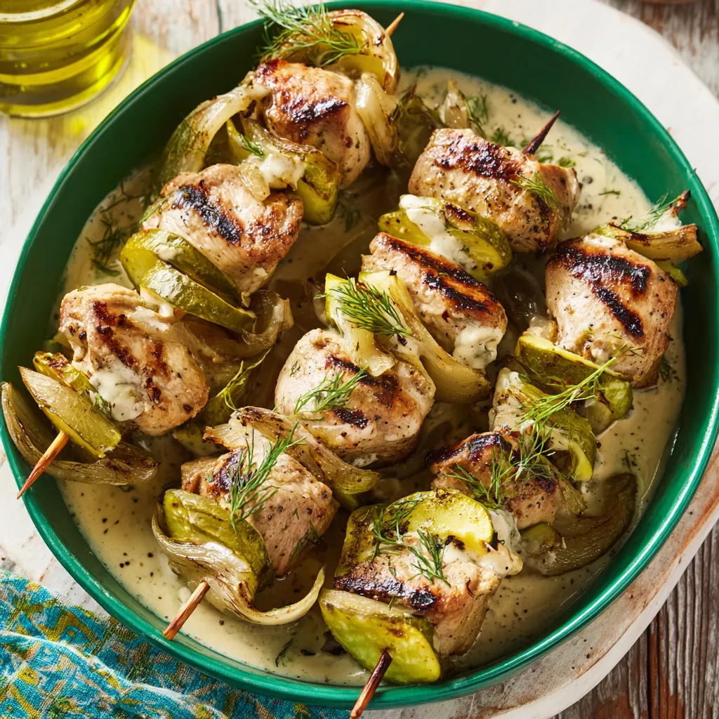 A bowl of dill pickle chicken skewers.