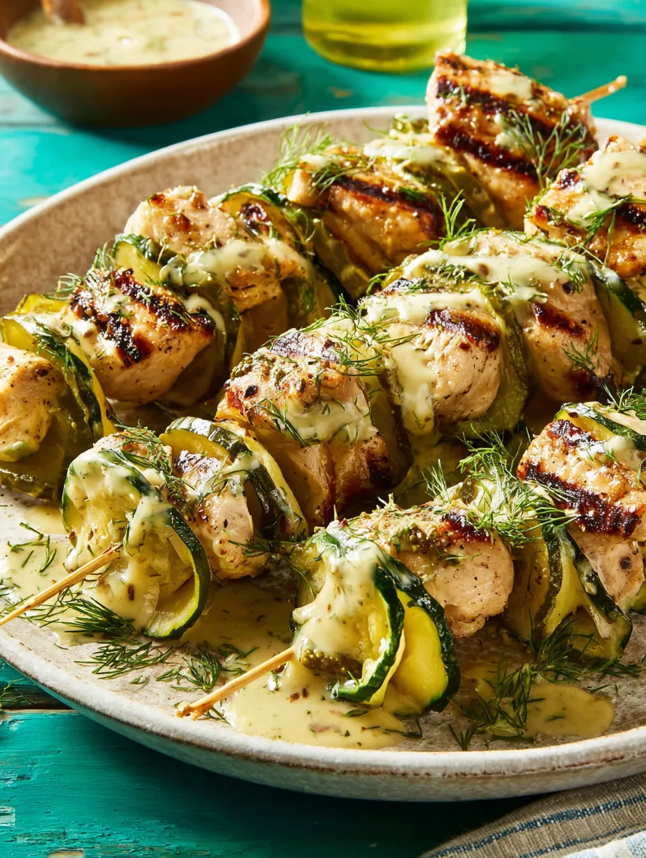 Dill pickle chicken skewers on a plate.