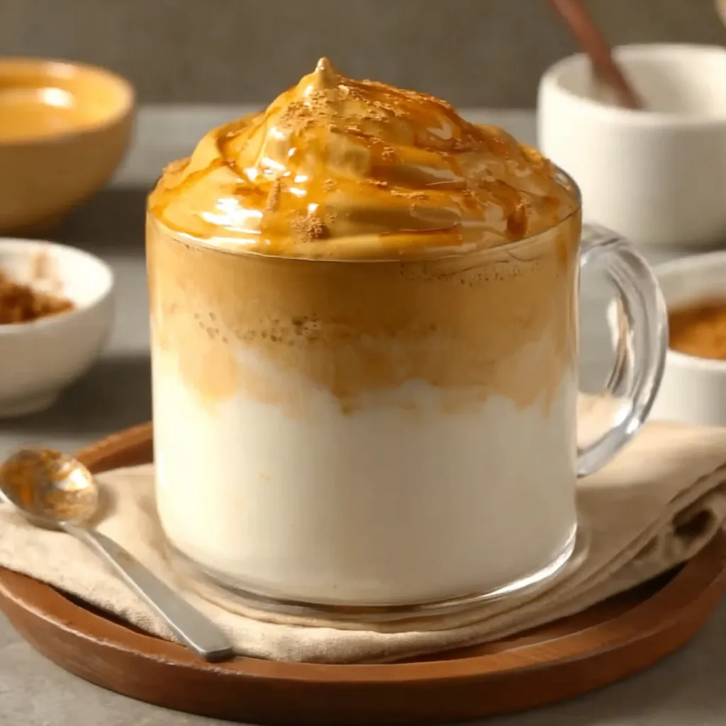 A cup of Dalgona Coffee with a spoon in it.