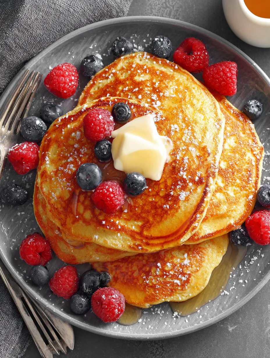 A plate of hearty multigrain pancakes with berries on top.