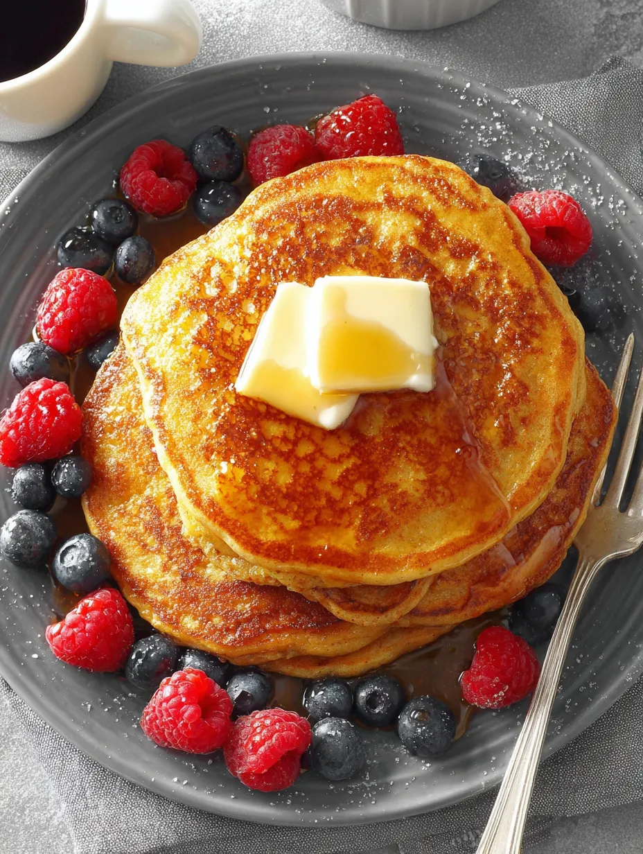 A stack of hearty multigrain pancakes with butter and berries.