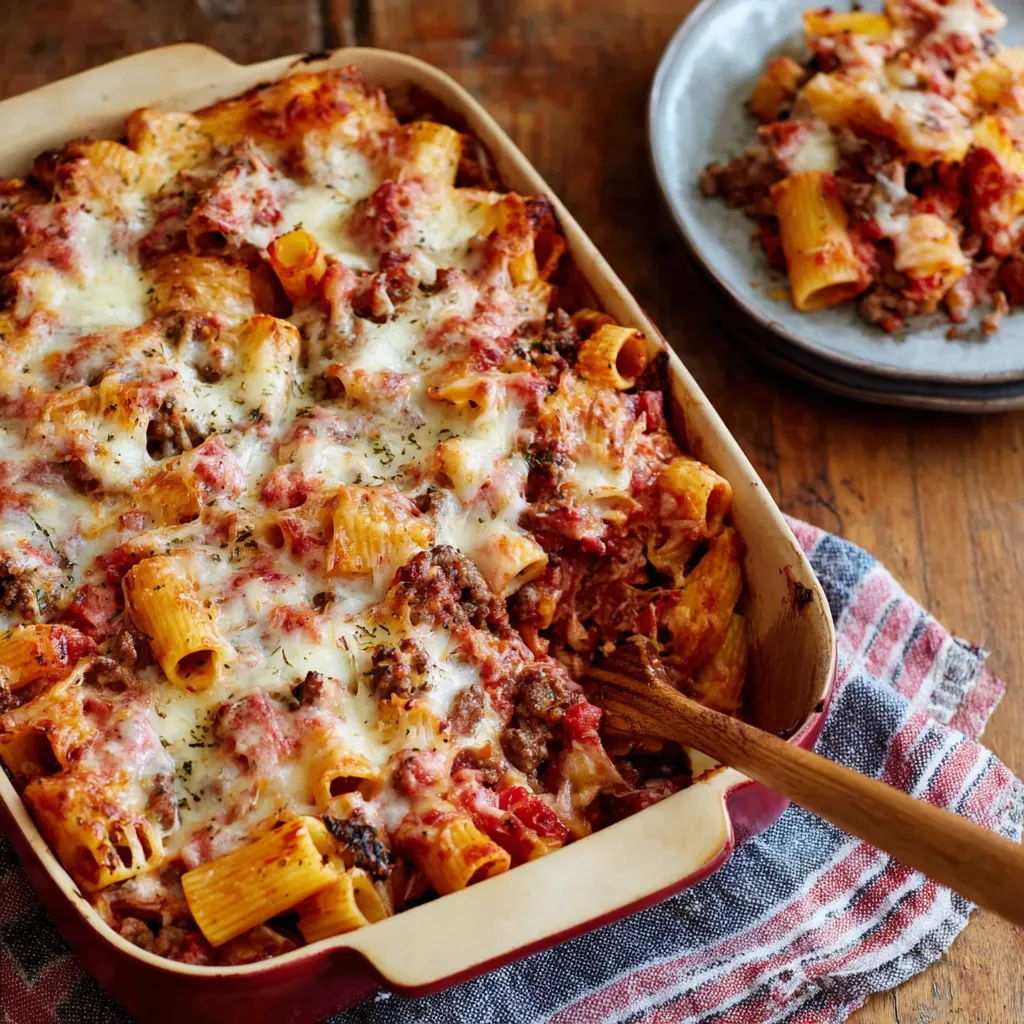 A pan of sausage and rigatoni dump dinner.