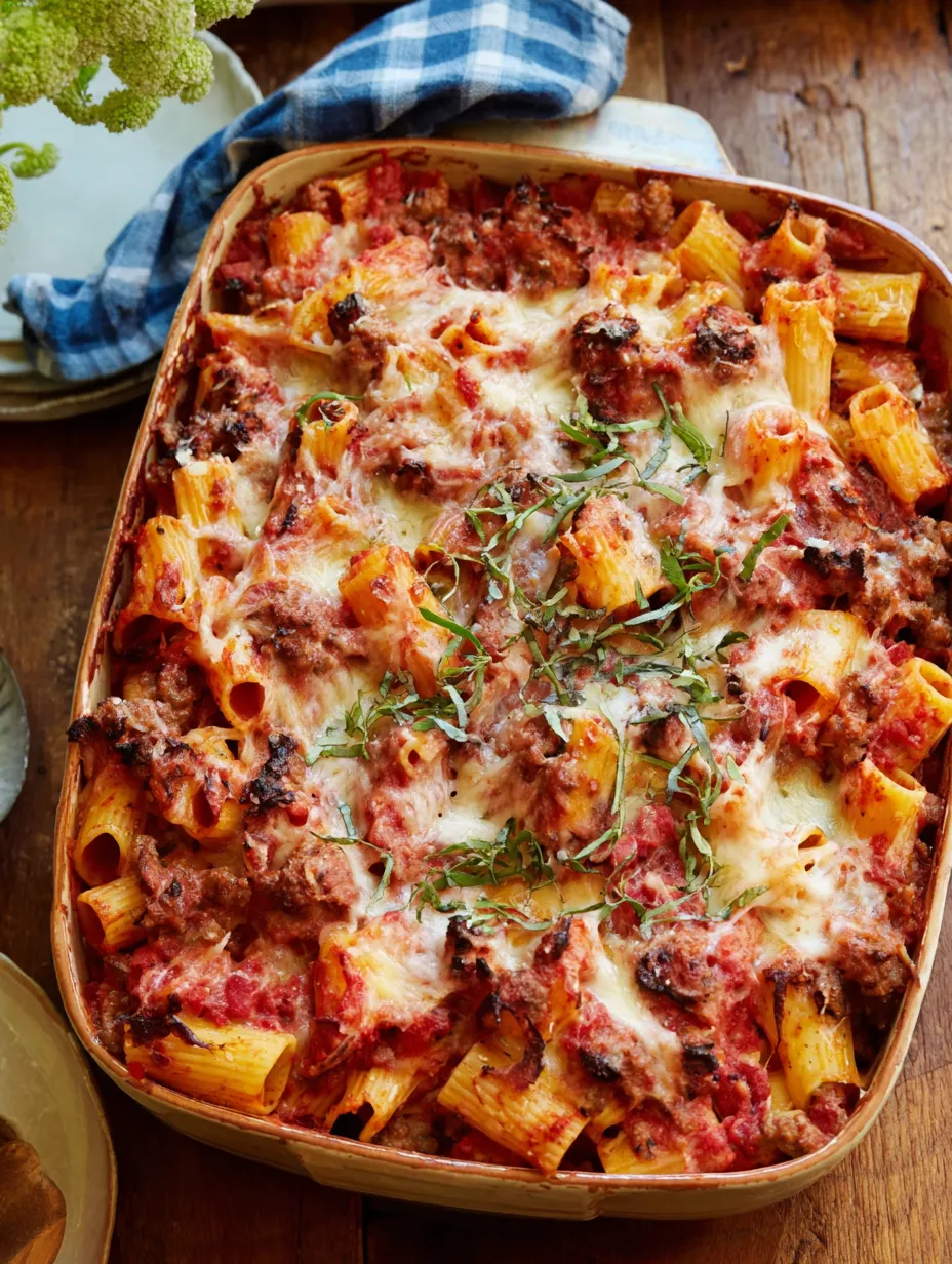 A pan of sausage and rigatoni.