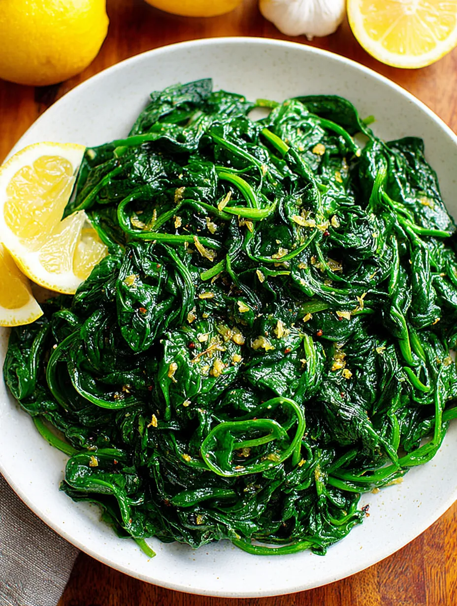 A plate of fresh spinach with lemon wedges on top.